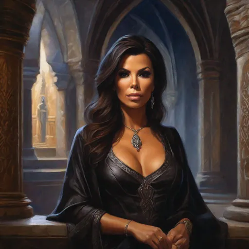 Prompt: oil painting, character portrait, Eva Longoria, as a dark evil fantasy priestess, barely any clothing, muted castle interior background, half body, highres, detailed, mysterious, eerie, fantasy, DnD, D&D, Pathfinder, style of Ravenloft, by Todd Lockwood,