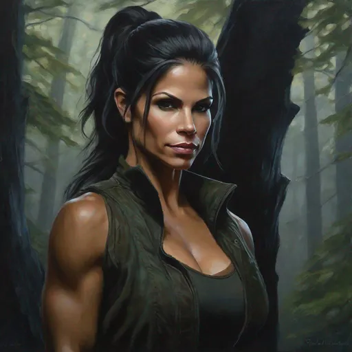 Prompt: oil painting, character portrait, Michelle Lewin, muted forest night background, half body, highres, detailed, dark, shifty, mysterious, eerie, style of Ravenloft, style of rogue, by Todd Lockwood,