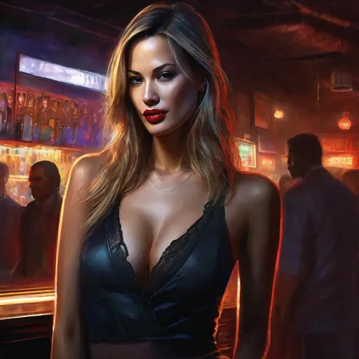 Prompt: digital painting, character portrait, young Petra Nemcova, barely any clothing, muted sleazy dive bar background, half body, eerie, mysterious, dangerous, shifty, hyperdetailed, ultra-realistic, cinematic lighting, UHD, style of VtM, Vampire the Masquerade, World of Darkness,