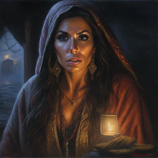 Prompt: fantasy art, oil painting, Eva Longoria, as a gypsy woman, in a dark gypsy camp, foggy night, dreadful dark and moody atmosphere, frightened and concerned expression, close up, cinematic, dramatic, highres, detailed, D&D, DnD, Pathfinder, Ravenloft, Vistani, fantasy, by Clyde Caldwell,