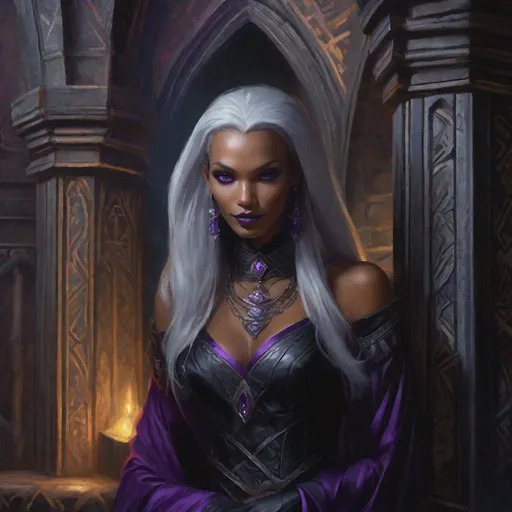 Prompt: oil painting, character portrait, Lais Ribeiro:drow priestess, obsidian skin, white hair, violet eyes and lips, as a dark evil fantasy priestess, barely any clothing, muted castle interior background, half body, highres, detailed, mysterious, eerie, fantasy, DnD, D&D, Pathfinder, style of Ravenloft, by Todd Lockwood,