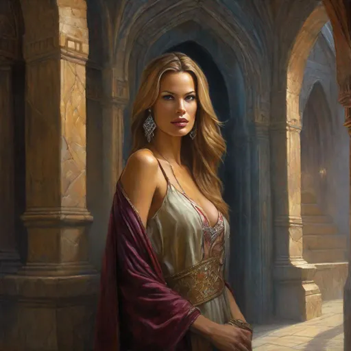Prompt: oil painting, character portrait, Petra Nemcova, as a fantasy priestess, barely any clothing, muted castle interior background, half body, highres, detailed, mysterious, eerie, style of Ravenloft, by Todd Lockwood,