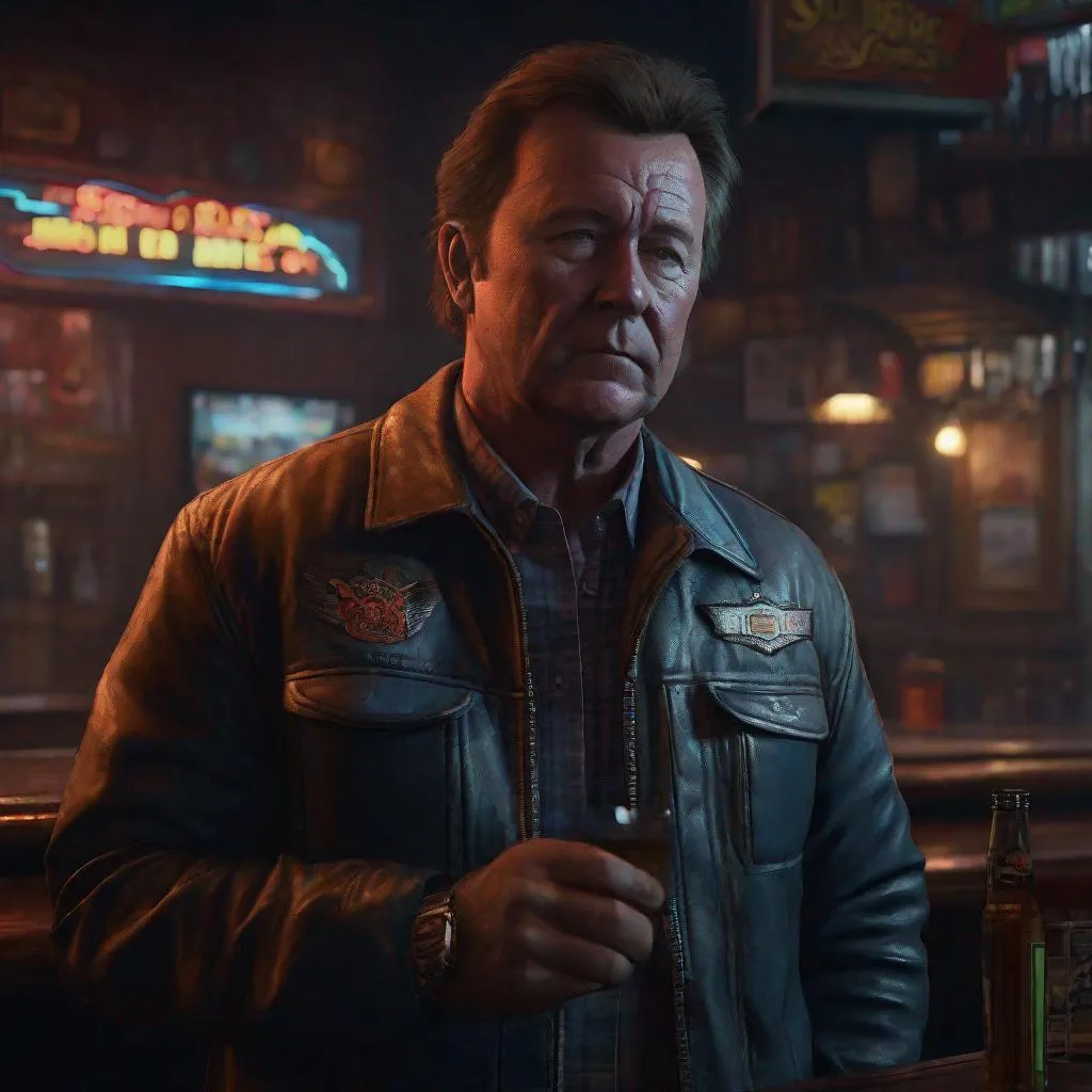 Prompt: digital painting, character portrait, Richard Childress, muted dive bar background, half body, eerie, mysterious, dangerous, shifty, hyperdetailed, ultra-realistic, cinematic lighting, unreal engine 5, octane render, UHD, style of VtM,