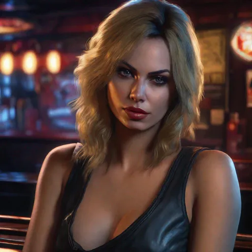 Prompt: digital painting, character portrait, Playmate Heather Summers, muted sleazy dive bar background, half body, eerie, mysterious, dangerous, shifty, hyperdetailed, ultra-realistic, cinematic lighting, unreal engine 5, octane render, UHD, style of VtM, Vampire the Masquerade, World of Darkness,