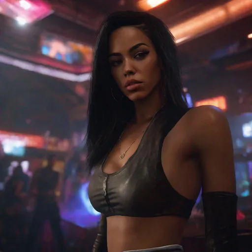 Prompt: digital painting, character portrait, young Aaliyah, barely any clothing, muted sleazy night club background, half body, eerie, mysterious, dangerous, shifty, hyperdetailed, ultra-realistic, cinematic lighting, unreal engine 5, octane render, UHD, style of VtM,