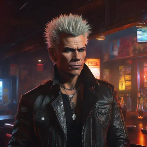 Prompt: digital painting, character portrait, Billy Idol, muted dive bar background, half body, eerie, mysterious, dangerous, shifty, hyperdetailed, ultra-realistic, cinematic lighting, unreal engine 5, octane render, UHD, style of VtM,