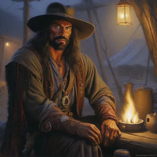 Prompt: fantasy art, oil painting, Randy Savage, as a gypsy mercenary, in a dark gypsy camp, foggy night, dreadful dark and moody atmosphere, concerned expression, close up, cinematic, dramatic, highres, detailed, D&D, DnD, Pathfinder, Ravenloft, Vistani, fantasy, by Clyde Caldwell,