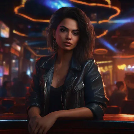 Prompt: digital painting, character portrait, young Suelyn Medeiros, muted sleazy night club background, half body, eerie, mysterious, dangerous, shifty, hyperdetailed, ultra-realistic, cinematic lighting, unreal engine 5, octane render, UHD, style of VtM,