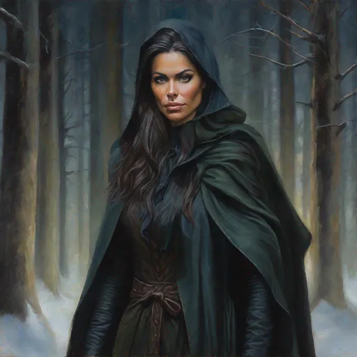 Prompt: oil painting, character portrait, Sue Lasmar, muted forest night background, half body, highres, detailed, dark, shifty, mysterious, eerie, style of Ravenloft, style of rogue, by Todd Lockwood,