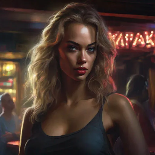 Prompt: digital painting, character portrait, young Hannah Ferguson, barely any clothing, muted sleazy dive bar background, half body, eerie, mysterious, dangerous, shifty, hyperdetailed, ultra-realistic, cinematic lighting, UHD, style of VtM, Vampire the Masquerade, World of Darkness,