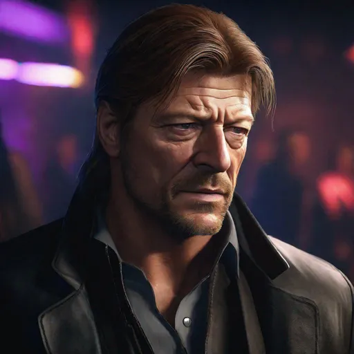 Prompt: digital painting, character portrait, Sean Bean:boss, muted night club background, close up, eerie, mysterious, dangerous, shifty, hyperdetailed, ultra-realistic, cinematic lighting, unreal engine 5, octane render, UHD, style of VtM,
