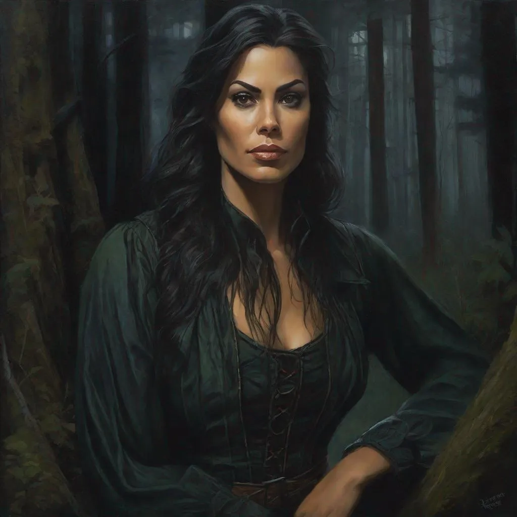 Prompt: oil painting, character portrait, Sue Lasmar, muted forest night background, half body, highres, detailed, dark, shifty, mysterious, eerie, style of Ravenloft, style of rogue, by Todd Lockwood,