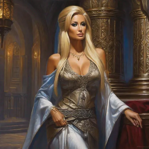 Prompt: oil painting, character portrait, Paris Hilton, as a fantasy priestess, barely any clothing, muted castle interior background, half body, highres, detailed, mysterious, eerie, fantasy, DnD, D&D, Pathfinder, style of Ravenloft, by Todd Lockwood,