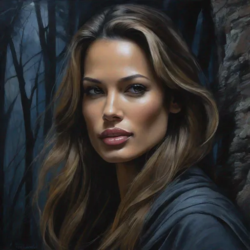 Prompt: oil painting, character portrait, Petra Nemcova, muted forest night background, half body, highres, detailed, dark, shifty, mysterious, eerie, style of Ravenloft, style of gypsy, by Todd Lockwood,
