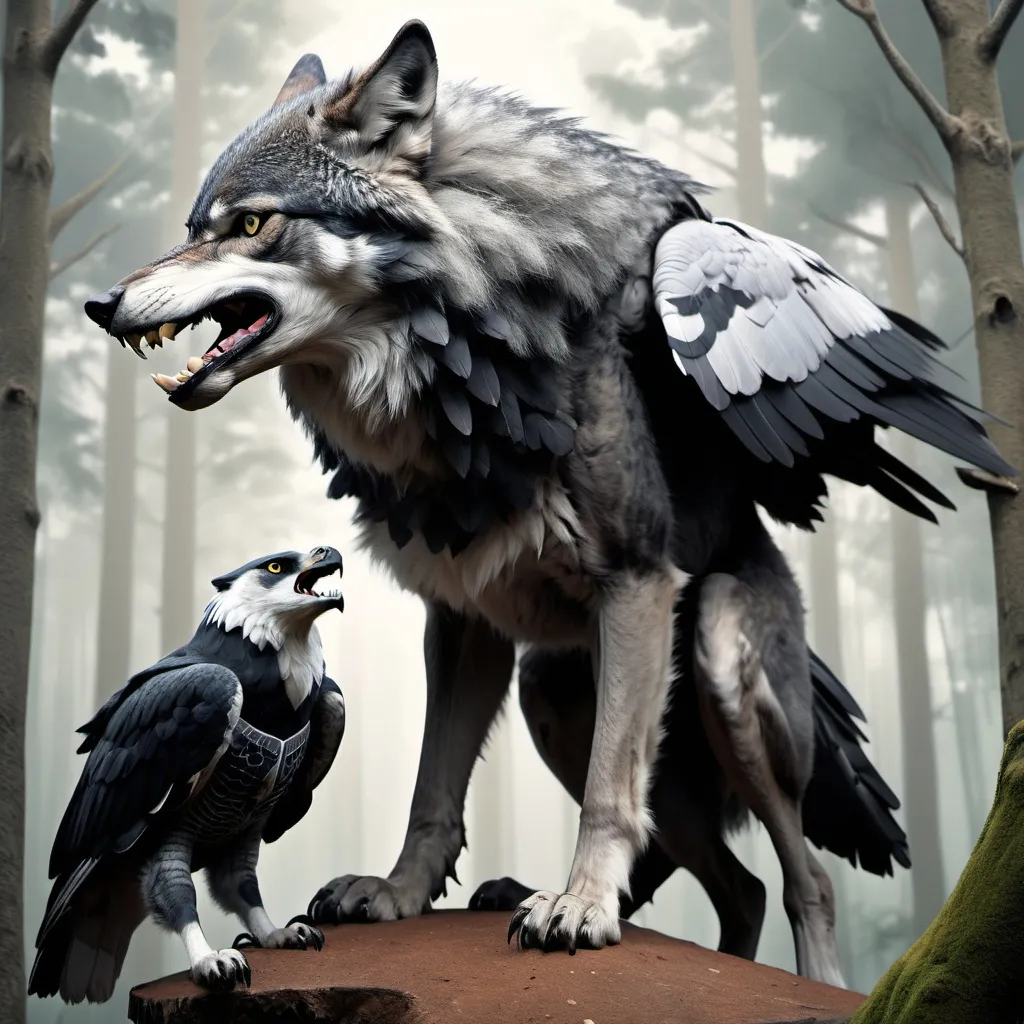 Prompt: A black, dark grey and light grey wolf snarling with a forest background and a harpy eagle perched in front of it 