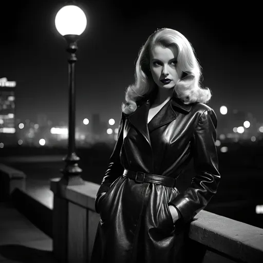 Prompt: dim, night film noir photography, female mistress, 1950s, long straight blonde hair, city background, black leather coat and long dress, shadows