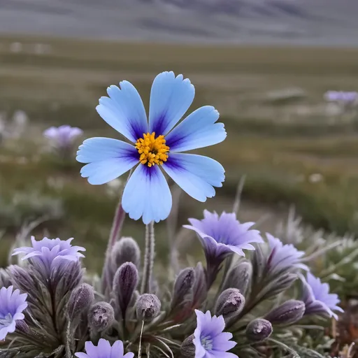 Prompt: Light blue flower in the tundra that’s half purple 
