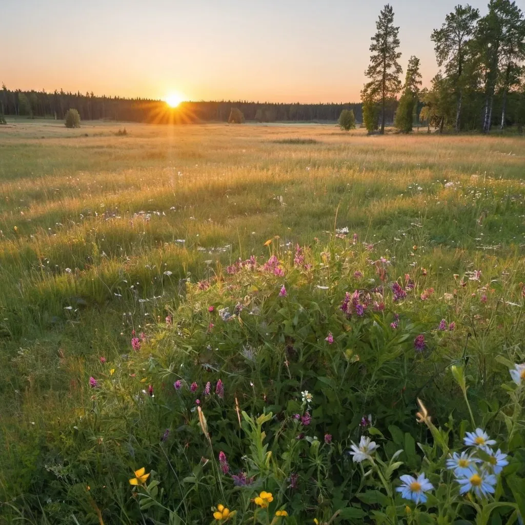 Prompt: meadow in Sweden in the summer with wild flowers in a sunset