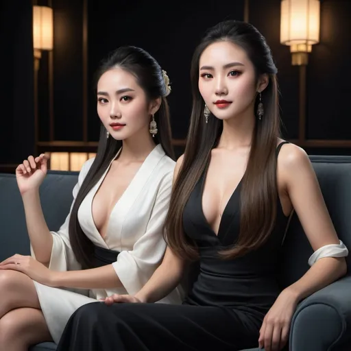 Prompt: Two stunningly beautiful Chinese women with long, cascading hair, elegant attire, detailed facial features, watching movies, high quality, realistic, sleek style, movie night, elegant lighting, black background, sitting down, buxom, realistic faces, stunning beauty, detailed hair, movie watching, elegant attire, high quality, sleek style, elegant lighting sitting on sofa watching a collage of hundreds of high-definition televisions broadcasting live sports events 