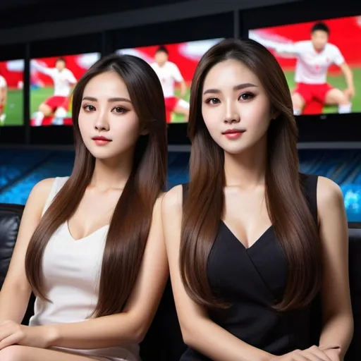 Prompt: Two stunningly beautiful Chinese women with long, cascading hair, elegant attire, detailed facial features, watching sports on a collage of hundreds of high-definition televisions broadcasting live sports events, high quality, realistic, sleek style, football night, elegant lighting, black background, sitting down, buxom, realistic faces, stunning beauty, detailed hair, sports watching, elegant attire, high quality, sleek style, elegant lighting sitting on sofa watching a collage of hundreds of high-definition televisions broadcasting live sports events 