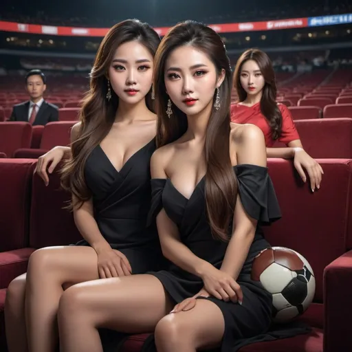 Prompt: Two stunningly beautiful Chinese women with long, cascading hair, elegant attire, detailed facial features, watching sports, high quality, realistic, sleek style, football night, elegant lighting, black background, sitting down, buxom, realistic faces, stunning beauty, detailed hair, sports watching, elegant attire, high quality, sleek style, elegant lighting sitting on sofa watching a collage of hundreds of high-definition televisions broadcasting live sports events 