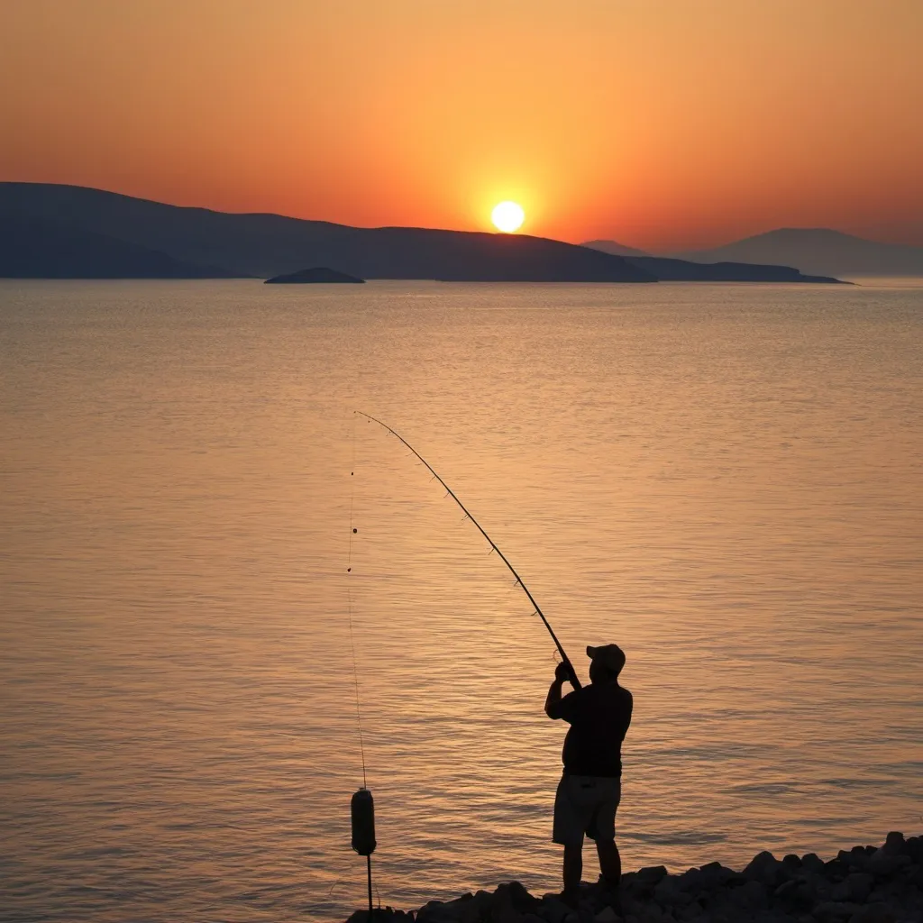 Prompt: someone fishing in the sunset greece
