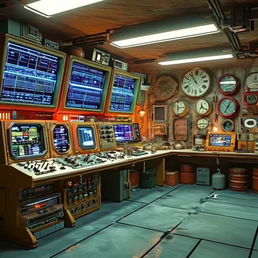 Prompt: Post apocalyptic bunker operational room with lot of equipment (CFTV, spectrum analyzers, analog oscilloscopes, earth globes, clocks, vacuum fluorescent displays, etc)