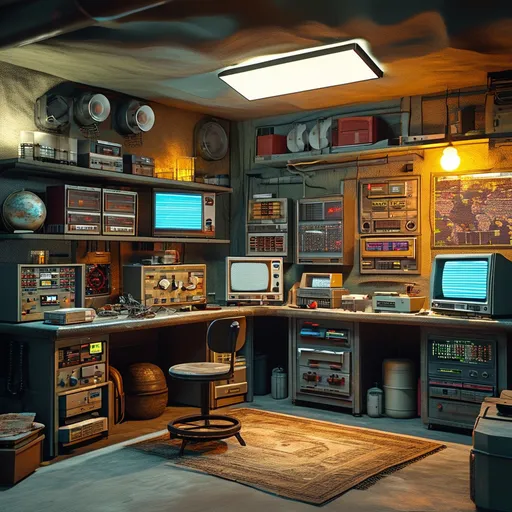 Prompt: Small Post apocalyptic bunker operational room with lot of equipment (CRT, monitoring cameras tvs, VCR/tape, reel recorders, spectrum analyzers, analog oscilloscopes, earth globes, world clocks, vacuum fluorescent displays, etc), audio speakers, audio receivers, home room, dark atmosphere. Large work bench to pcb/ic soldering jobs