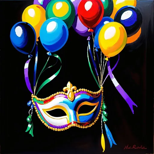 Prompt: Thick impasto oil painting, mardi-gras float, colorful beads, vibrant balloons, festive flowers, ornate masks, high quality, impressionistic, rich colors, textured brushstrokes, vibrant lighting