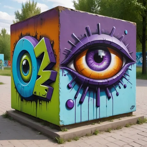 Prompt: The inscription "OFFZONE", graffiti in the suburbs of Moscow, dark purple, green and blue, a CUBE with an eye bronze and amber, energetic and bold, sharp corners, text
