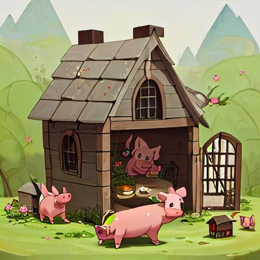 Prompt: Once upon a time, there were three little pigs: First Pig, Second Pig, and Third Pig. Each pig lived in their own little house.