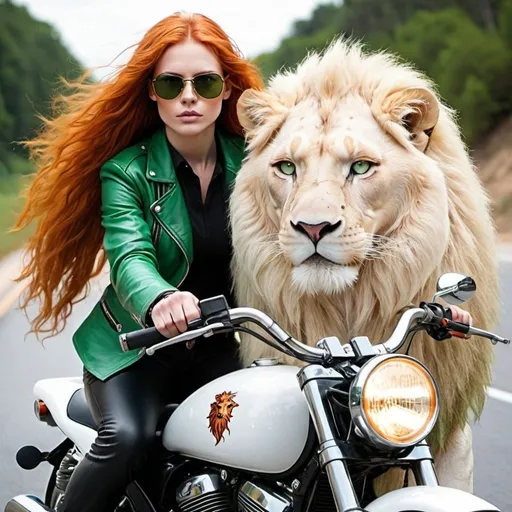 Prompt: Beautiful long orange- red hair and green eyes riding behind a strong pure white lion man with sunglasses! Both have motorcycle leathers & ride a motorcycle 