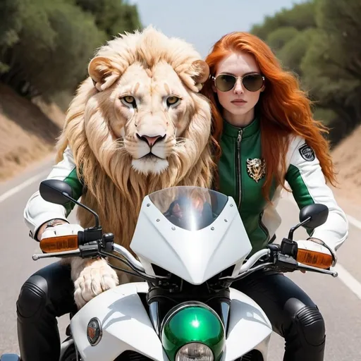 Prompt: Side view of Beautiful long orange- red hair and green eyes riding behind a strong pure white lion who is dressed in motorcycle leathers ! Both have sunglasses and the lion drives the bike❣️