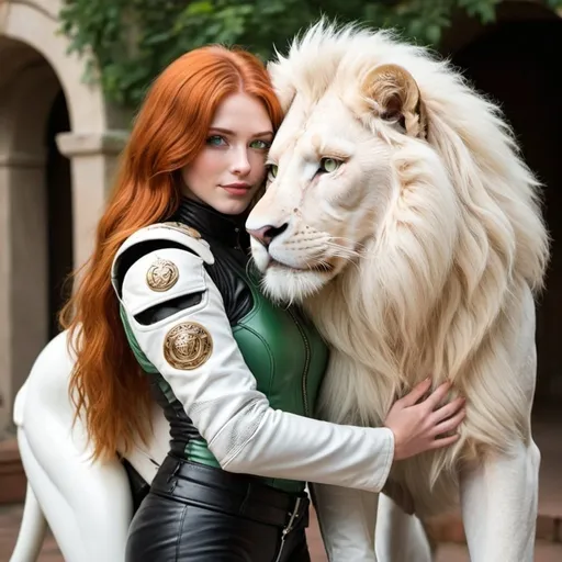 Prompt: Princess with long orange- red hair and green eyes, being hugged by A regal tall standing pure white Lion. As large as the princess, in motor cycle leathers embracing her sweetly
