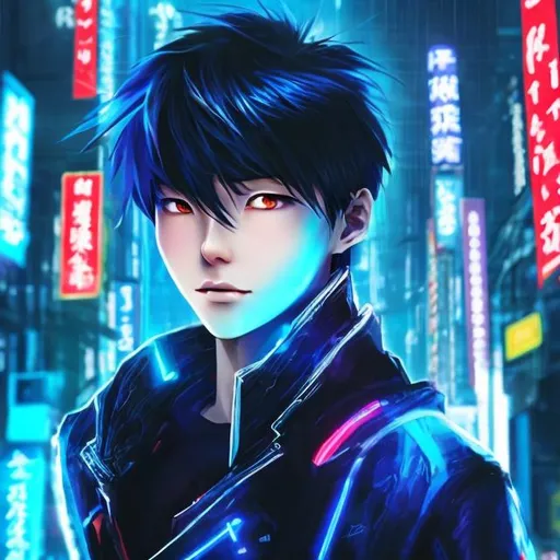 Prompt: chinese male anime character with black hair with cyberpunk blue highlights