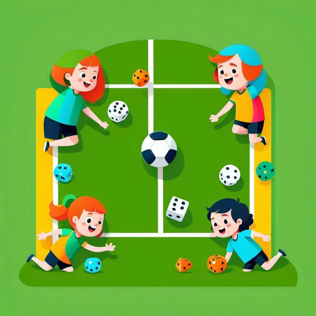 Prompt: illustrations for a book-cover,flat design,simple shapes,vector,colorful,2D,cute cartoon characters,green lawn divided into two parts, two teams of boys and girls play volley with one dice