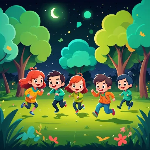 Prompt: Game-cover illustration of two teams playing tag, colorful and cute cartoon characters, flat design, vector, simple shapes, vibrant colors, night scene on a green lawn, best quality, high-res, cute cartoon style, vibrant colors, flat design, night setting, playful atmosphere, simple shapes, vector art, game cover illustration