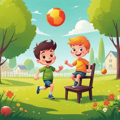 Prompt: Illustration for a game-cover,flat design,simple shape, vector,colorful,cute cartoon characters, a boy stands on a chair,on a green lawn,sunny day,with a ball in his hand,another boy runs joyfully.