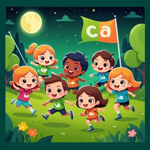 Prompt: Game-cover illustration of two teams playing tag with a flag, colorful and cute cartoon characters, flat design, vector, simple shapes, vibrant colors, night scene on a green lawn, best quality, high-res, cute cartoon style, vibrant colors, flat design, night setting, playful atmosphere, simple shapes, vector art, game cover illustration