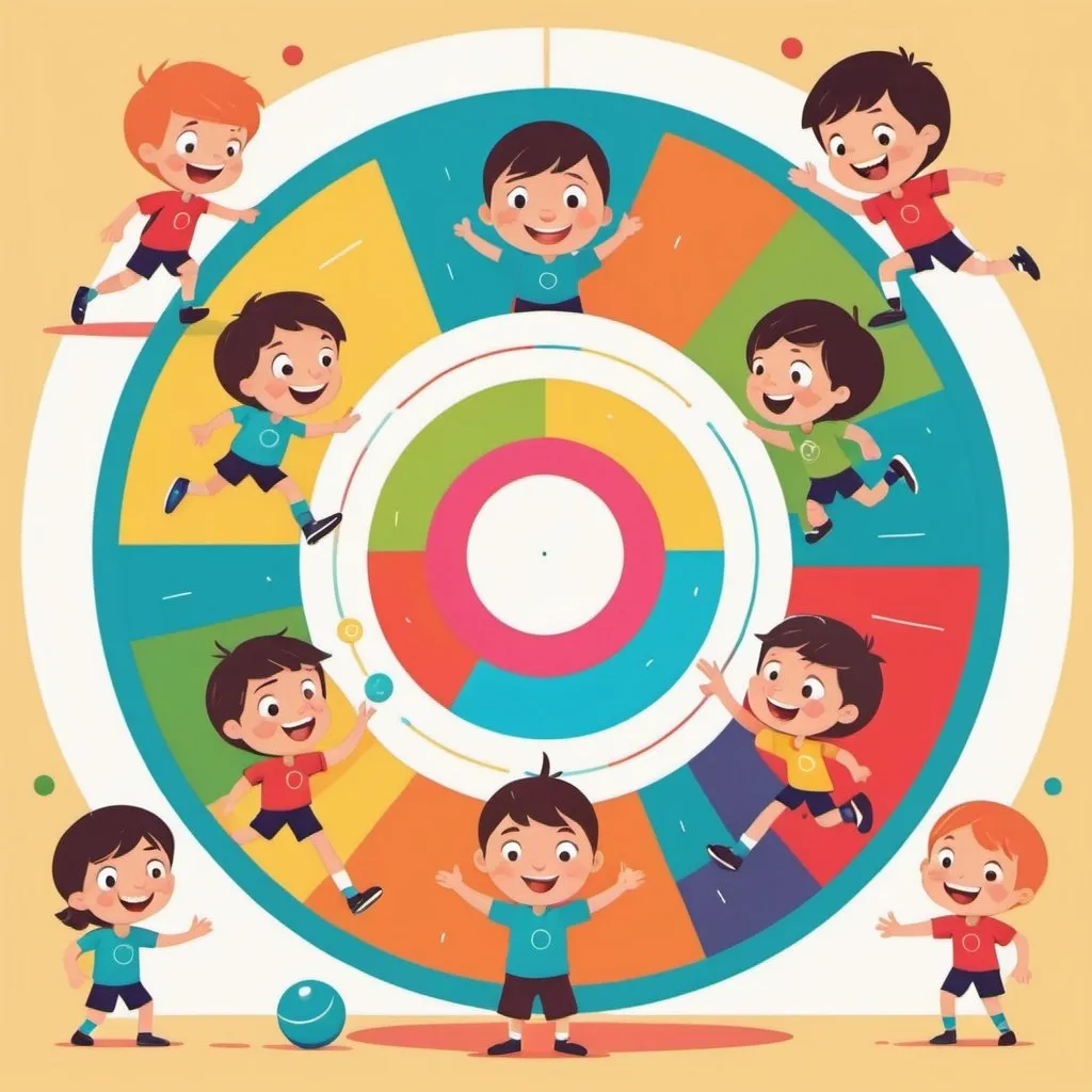 Prompt: illustrations for a book-cover,flat design,simple shapes,vector,colorful,2D,cute cartoon characters,in the gymnasium,a playing field formed by two concentric circles,inside the smaller circle there are 10 pins placed,outside the circle two smiling boys with a ball, inside the circle two girls defending.
