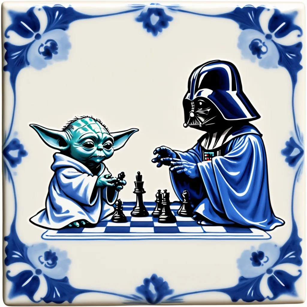 Prompt: (a delft blue tile with a flowery edge), (blue and white), an artist painting of (baby yoda and (baby darth vader)) playing chess, in the style of simplified and stylized portraits, hypnotic symmetry, 