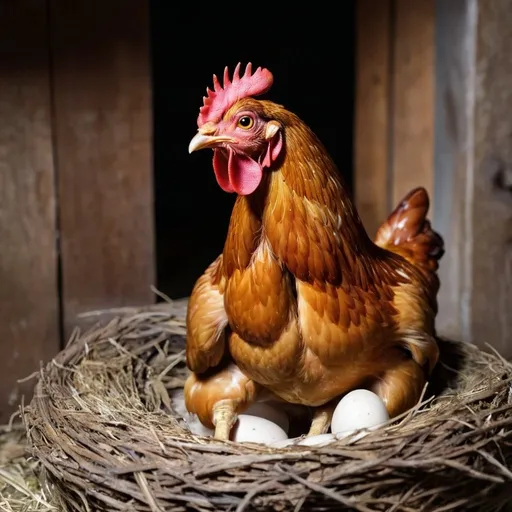 Prompt: a chicken is sitting on her nest in a henhouse