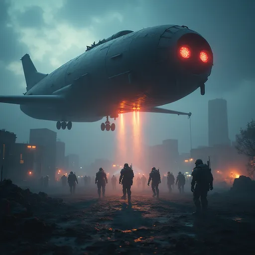 Prompt: Drop Zone Arrival

Prompt:
Ultra-realistic cinematic shot of a futuristic dropship hovering over a ruined cityscape at night, releasing a squad of elite soldiers in glowing exo-suits. Neon visors, storm clouds, and raining ash in a war-torn landscape. Unreal Engine 5 style, photorealistic, intense lighting, epic atmosphere.
