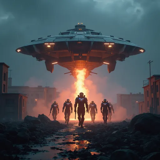 Prompt: Drop Zone Arrival

Prompt:
Ultra-realistic cinematic shot of a futuristic dropship hovering over a ruined cityscape at night, releasing a squad of elite soldiers in glowing exo-suits. Neon visors, storm clouds, and raining ash in a war-torn landscape. Unreal Engine 5 style, photorealistic, intense lighting, epic atmosphere.