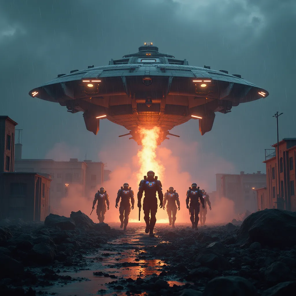 Prompt: Drop Zone Arrival

Prompt:
Ultra-realistic cinematic shot of a futuristic dropship hovering over a ruined cityscape at night, releasing a squad of elite soldiers in glowing exo-suits. Neon visors, storm clouds, and raining ash in a war-torn landscape. Unreal Engine 5 style, photorealistic, intense lighting, epic atmosphere.