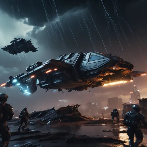 Prompt: Drop Zone Arrival

Prompt:
Ultra-realistic cinematic shot of a futuristic dropship hovering over a ruined cityscape at night, releasing a squad of elite soldiers in glowing exo-suits. Neon visors, storm clouds, and raining ash in a war-torn landscape. Unreal Engine 5 style, photorealistic, intense lighting, epic atmosphere.