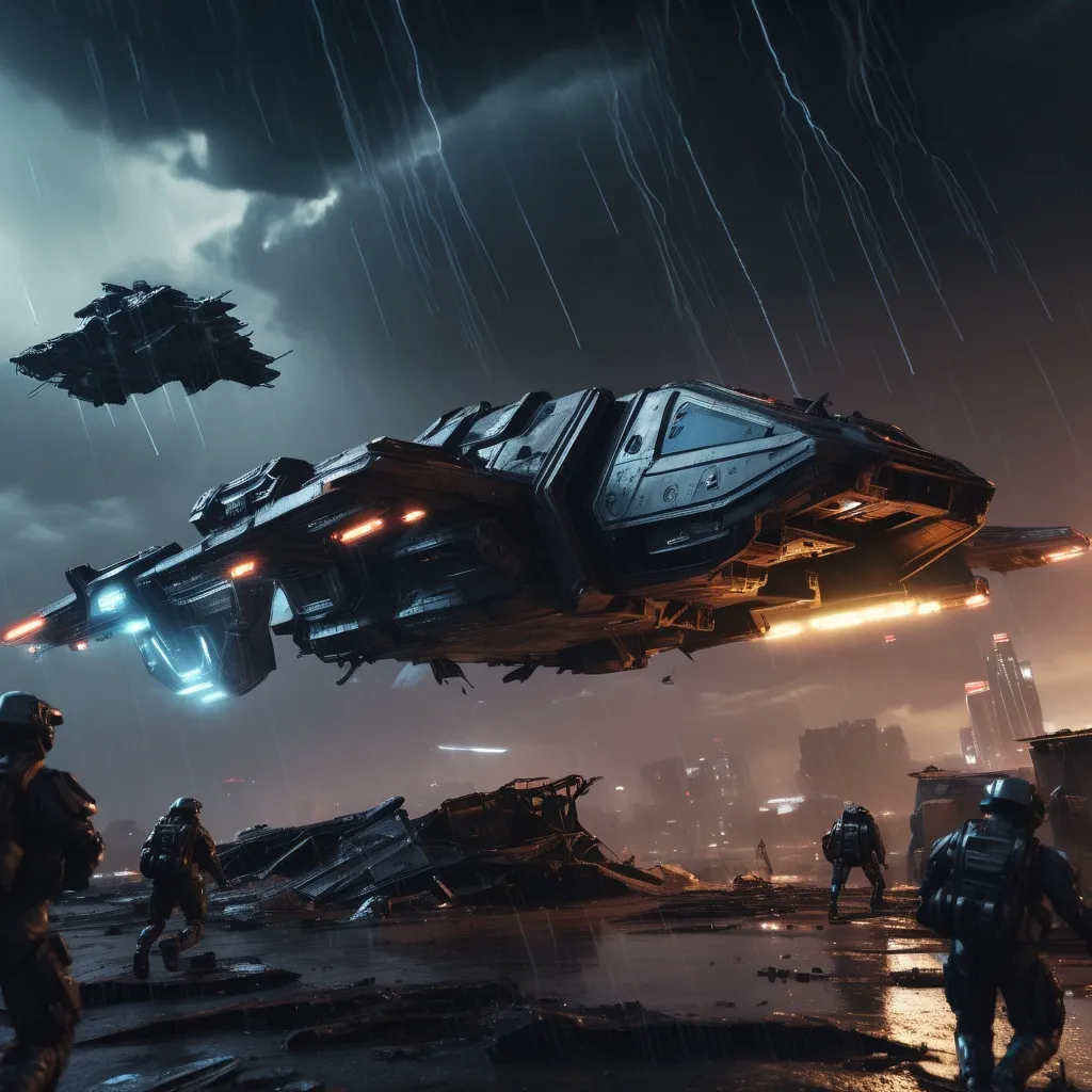Prompt: Drop Zone Arrival

Prompt:
Ultra-realistic cinematic shot of a futuristic dropship hovering over a ruined cityscape at night, releasing a squad of elite soldiers in glowing exo-suits. Neon visors, storm clouds, and raining ash in a war-torn landscape. Unreal Engine 5 style, photorealistic, intense lighting, epic atmosphere.