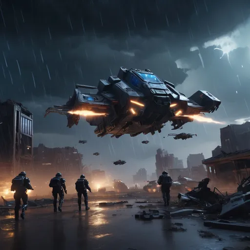 Prompt: Drop Zone Arrival

Prompt:
Ultra-realistic cinematic shot of a futuristic dropship hovering over a ruined cityscape at night, releasing a squad of elite soldiers in glowing exo-suits. Neon visors, storm clouds, and raining ash in a war-torn landscape. Unreal Engine 5 style, photorealistic, intense lighting, epic atmosphere.