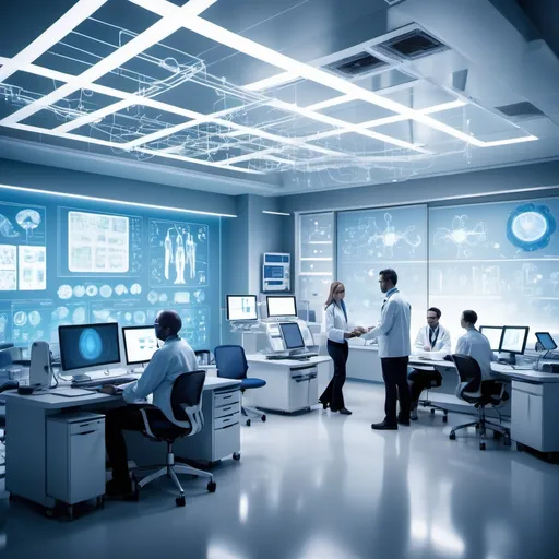 Prompt: (dedicated expert team), (2degrees network engineers), collaborating in a high-tech environment, focused atmosphere, illuminated by cool blue and white tones, modern hospital network design in the background, ultra-detailed, professional workspace, advanced equipment, teamwork, centered around innovative technology, collaborative effort, dynamic interaction, conveying expertise and dedication.