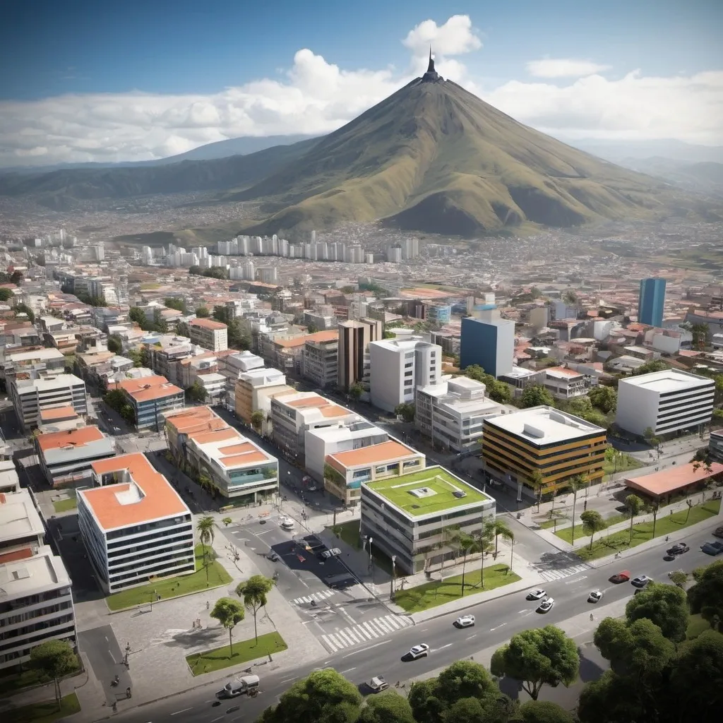 Prompt: Create a city a mordern city in Ecuador, that thas a school, a café, an university, a park and wide streets and avenues